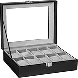 Uten Porta Orologi a 10 Scomparti, Scatola per Orologi in PU con Coperchio in Vetro, Fodera Grigia, Cuscinetti Rimovibili, Fibbia in Metallo, Scatola Portagioielli per Orologi Uomo e Donna