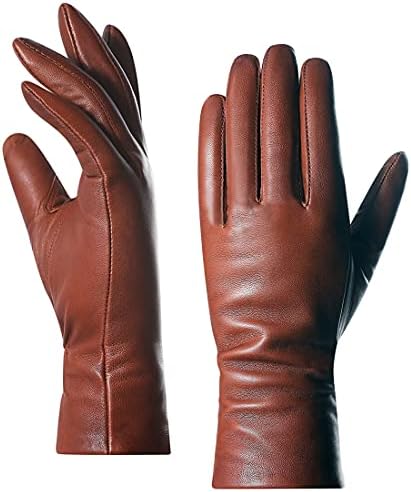 Harssidanzar Women's Leather Winter Gloves,Genuine Lambskin Leather Lined Cashmere Warm Driving Gloves For Women GL006, Cognac,Size M