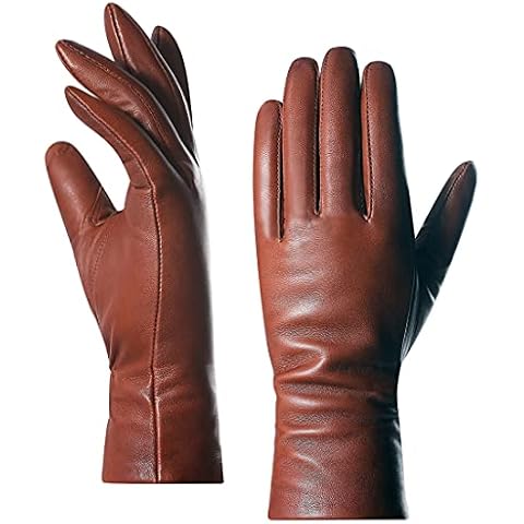Harssidanzar Women's Leather Winter Gloves,Genuine Lambskin Leather Lined Cashmere Warm Driving Gloves For Women GL006,Cognac, Size XXL Cover