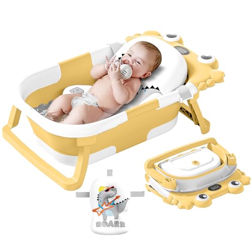 Collapsible Baby Bathtub for Newborns to Toddler with Real-time Temp Monitor &amp; Floating Cushion,Portable Travel Tub Foldable Baby Bath Tub for Infants (Yellow)