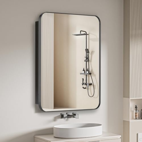 FOMAYKO Bathroom Medicine Cabinet with 20"x26" Stainless Steel Framed Mirror,Recessed or Surface Mounted Bathroom Mirror Cabinet,Storage Cabinetfor Bathrooms, Guest Rooms, Apartments, Farmhouse Decor
