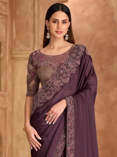 Image of AKHILAM Women's Satin Sequence Embroidery Saree With Unstitched Blouse Piece(SNDLWOD1601 TFH Parent)