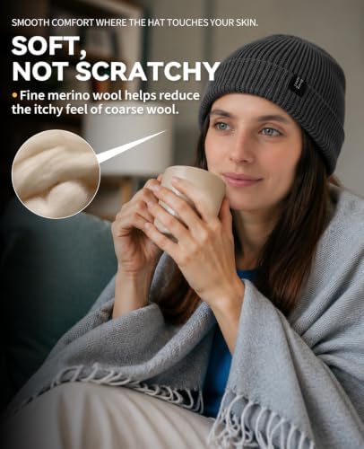 Merino Protect Merino Wool Beanie Men Women Thermal Hats Soft Watch Cap for Winter Black — view 2