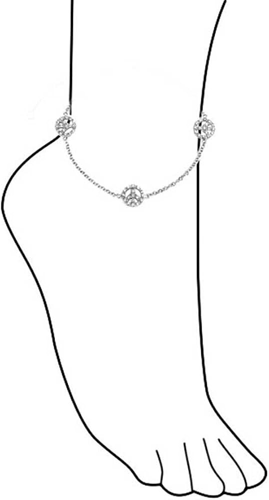 Miniatura 3 de Bling Jewelry 3 Multi CZ Peace Sign Symbol Anklet Charm Anklet Link Ankle Bracelet For Women .925 Sterling Silver Adjustable 9 To 10 Inch With