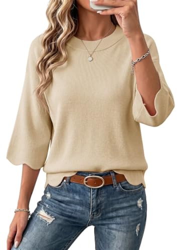 Dokotoo Womens Tops Oversized 3/4 Sleeve Pullover Sweaters, Beige, Medium | Lightweight Soft Knit Pullover Women's Sweaters, Solid Color, Crewneck, 3/4 Length Sleeve Womens Tops, Fall Fashion Clothing