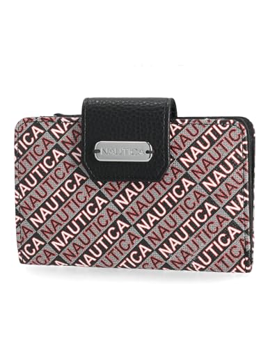 Nautica Womens, Close Reach Vegan Leather RFID Wallet, Small Credit Card Holder Purse with Zipper Coin Pocket and ID Window in Black Jacquard