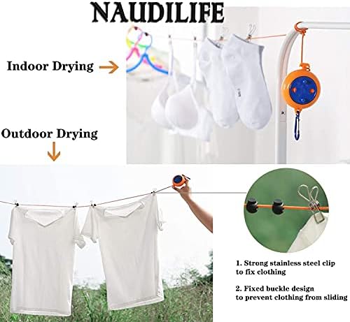 NAUDILIFE Retractable Camping Clothes Line Portable 8 m Travel Holiday Outdoor Laundry Line for Bathroom, Laundry Room, Garden or Travel with 10 Windproof Clips Fixed Buckles and 20 Clothespins
