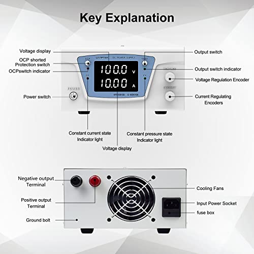 Image of DC Power Supply Variable, 100V 10A 1000W Bench Power Supply with Encoder knob, High Power Adjustable Switching Power Supply with OCP Switch, Variable Power Supply with Output Enable /Disable Button | Four-digit display, multiple safety features. Suitable for repairing electronic devices, charging batteries, and more