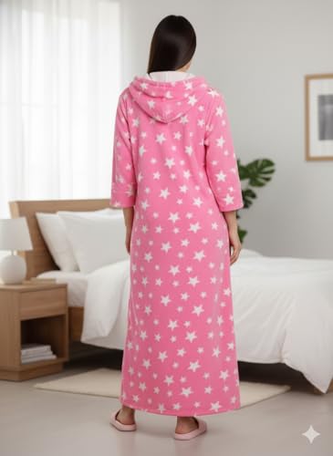 Image of Winter Wear Woolen Nighty Dress With hoodies pink Nighty Women Gown Dress Maxi Full-Length Maxi Nighty Bath Robe Free Size