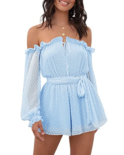 Miracmoda Women's Off The Shoulder Romper Swiss Dot Boho Belt Summer Casual Strapless Short Jumpsuits #TOP12