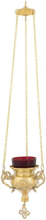 Miniatura 2 de Lámpara de aceite de vigilia votiva colgante de bronce cristiano griego ortodoxo con cadena y vidrio rojo - 237b