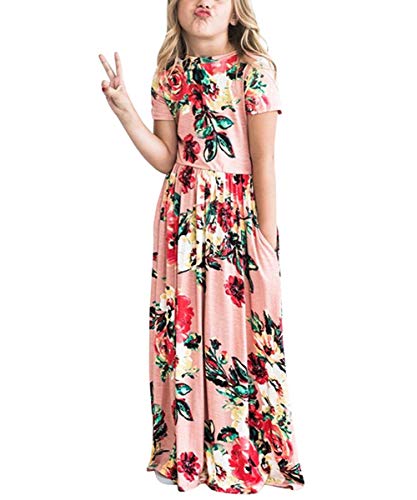 Girl's Maxi Dress Floral Short Sleeve Dresses with Pockets Elastic Waist Holiday Casual Dress for Girls 2-10 Years3