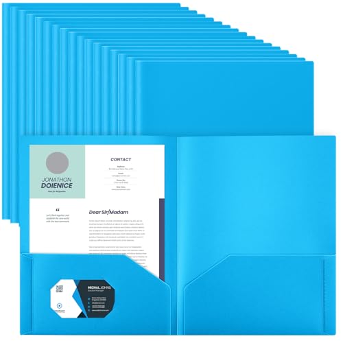 Gueevin 50 Pcs Plastic Folders with Pockets, Lake Blue