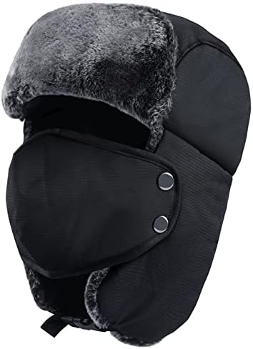 Trapper Hat Winter Hats for Men Women, Russian Warm Trooper Hat with Ear Flaps, Ushanka Bomber Fur Hats with Windproof Mask Black