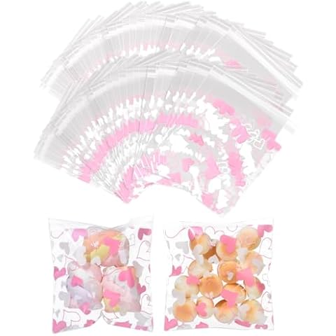 RAYNAG 200 Pcs Valentine Cellophane Bags Treat Bags Self Adhesive Cookie Bags Resealable Lovely Heart Candy Bag Valentine's Day Mother's Day Gift Bags for Dessert Treats Bakery Candle Soap Cover