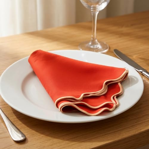 IVY HERITAGE Scalloped Cloth Napkins, Soft 100% Cotton Dinner Napkins with Embroidered Wavy Edges, 18x18 Reusable Table Linen for Dining, Weddings, Table Decor, 4 Pack, Burnt Orange with Apricot Trim by IVY HERITAGE - Used condition - Image 7