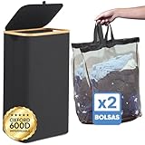 WB® - Cesto Ropa Sucia con Tapa Ultra Resistente XL 100L - Cesta Colada Impermeable Fácil de Montar - Cubo Plegable Grande con Asas - Almacenaje Juguetes de Bambú - Laundry Basket Bag - Bolsa (NEGRO)