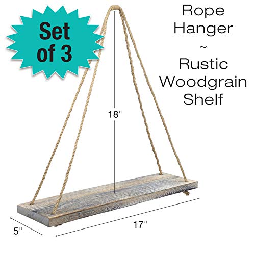 EXCELLO GLOBAL PRODUCTS Rustic Distressed Wood Hanging Shelves: 17-Inch with Swing Rope Floating Shelves (Whitewashed - Pack of 3) by EXCELLO GLOBAL PRODUCTS - Image 2