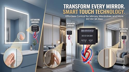 Image of Touch Sensor Switch DC 12V 3A 36W, Stepless Dimming Controller for LED Strip Lights, Mirror Wardrobes and Bathroom Mirrors