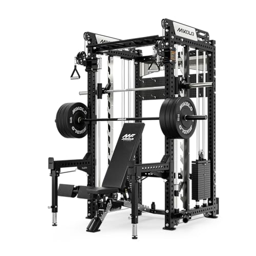 Mikolo Anubis-2.0 Smith Machine with Weight Stack, 3“×3” All-in-One Power Cage with LAT Pulldown & Cable Crossover, 3200LBS Multi-Function Trainer with Aluminum Pulley System for Fitness Home Gym