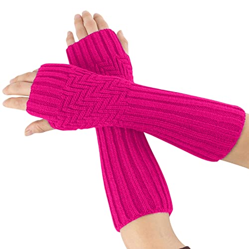 Fashion Knitted Soft Sleeve Novelty Gloves Women Winter Fashion Arm Warm Girls Gloves Women Warm Mitten Arm Fingerless Gloves Hot Pink #TOP3