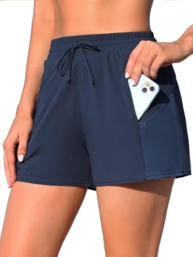 ATTRACO Swim Shorts for Women Swimwear Bottoms with Boxer Brief Beach Shorts Zipper Pockets Navy L