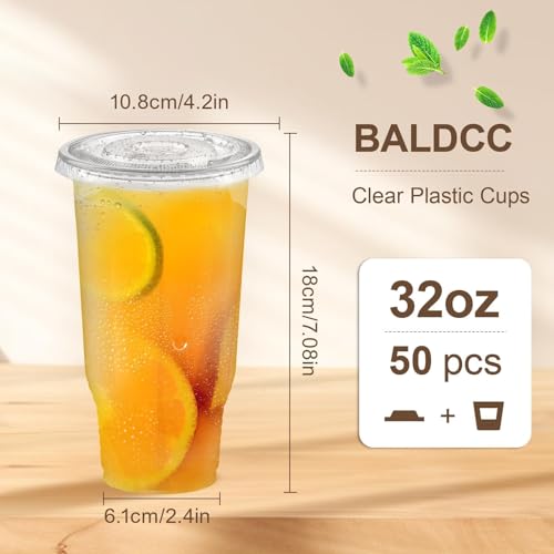Image of 32 oz 50 Pack Clear Plastic Cups with Lids, Iced Coffee Cups
