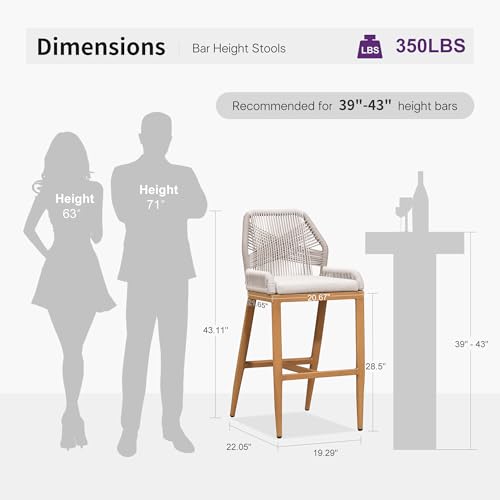 Image of PURPLE LEAF Bar Stools Set of 2 Outdoor Bar Height Metal Stools Modern Wicker Rattan Barstools with Back Aluminum Outside Garden Patio Bar Chairs, Teak