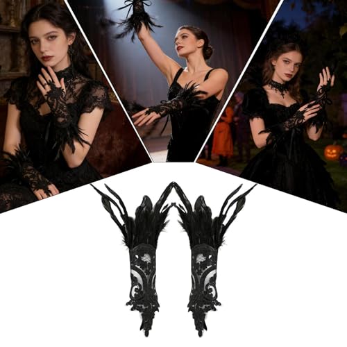Guantes de encaje sin dedos con plumas para disfraces de mujer 4