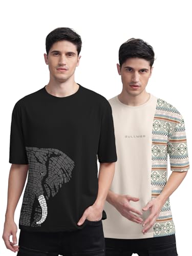 Image of BULLMER Trendy Front and Back Printed Oversized Round Neck T-Shirt for Men - Pack of 2