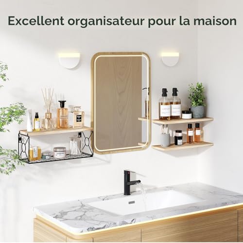 Étagères murales bois + panier métal, lot de 3 Pipishell