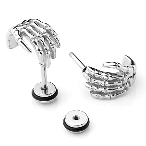 4PCS Skull Ghost Head Skeleton Claw Bat Earring Flat Back Screw On Cool Ear Lobe Studs Cartilage Helix Piercing Set Women Men 16G Post3