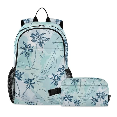 SUABO Backpack Lunch Bag Set for Boys Girls, Coconut Palm Tree Middle-School Elementary Bookbags, 2Pcs School Bag with Lunch Bag