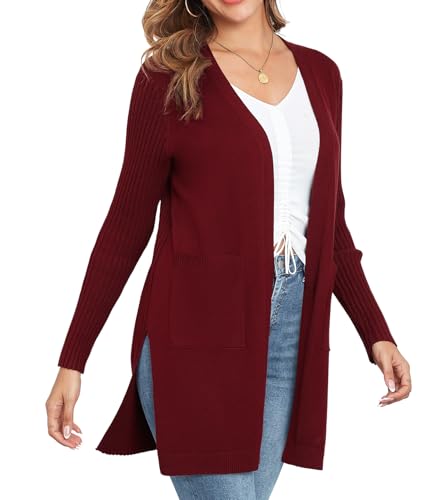 Image of Women's Cardigan Sweaters V-Neck Long Sleeves with Two Pockets Side Split Hem Open Front Knit Casual Cardigan