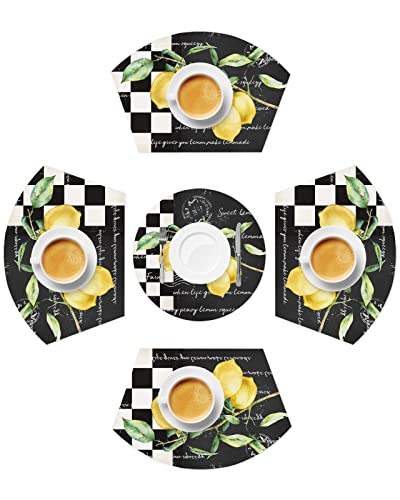 Summer Tropical Lemon Placemats For Round Table Kitchen Restaurant, Black And White Buffalo Plaid Round Table Placemats Set Of 4, Wedge Decorative Dining Table Mats Centerpiece Woven Place Mat #TOP17