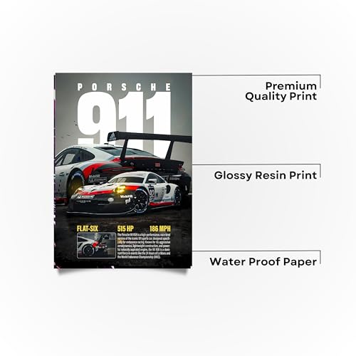 Image of Premium Porsche 911 RSR Poster A4 Size - High Performance Racing Car Wall Art | Porsche Sports Car Print | Automotive Decor for Room, Garage & Office (Design 9)