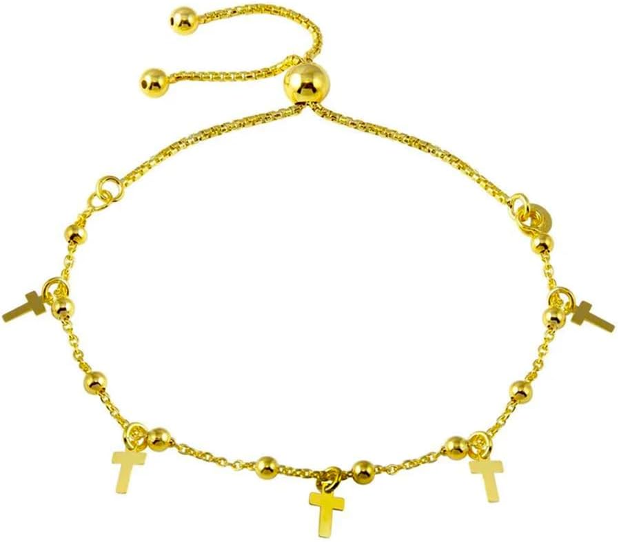 Metal Masters Womens 14K Gold Plated Bead Ball Cross Charm Bracelet 925 Sterling Silver Adjustable Chain