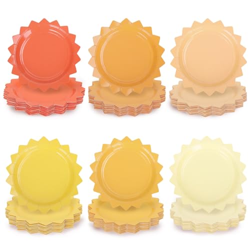 Whaline 90Pcs First Trip Around The Sun Birthday Decoration Boho Sun Disposable Paper Plates Sunshine Party Tableware for Baby Shower Summer Table Supplies, 6 Colors