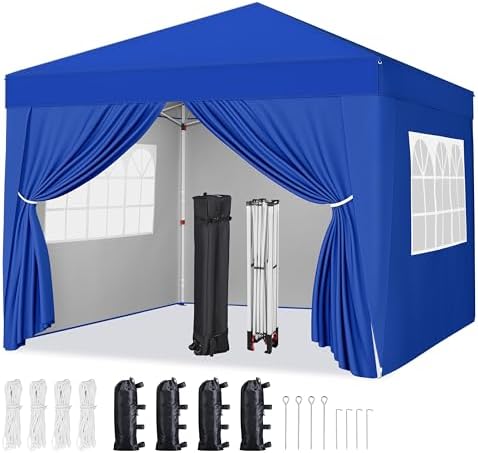 Yaheetech 8x8 Pop Up Canopy with 4 Removable Sidewalls, Portable Enclosed Instant Tent, Waterproof Outdoor Tent, Beach Sun Shelter with 4 Sandbags, 8 Stakes & 4 Ropes, Blue
