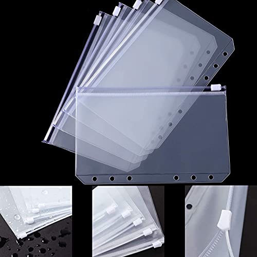 12 Stück Prospekthüllen A5 Größe 6 Löcher Binder Taschen Binder Reißverschluss Durchscheinende aus Kunststoff Wasserdicht Zip Verschluss Lose Blatt Taschen für Dateien Dokumente Notizbücher Karten