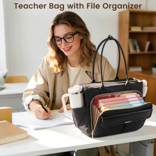 Image of LOVEVOOK Teacher Tote Bag for Women, Laptop Bag Briefcase with Accordion File Pocket, Nurse Handbag for Work, Travel, College