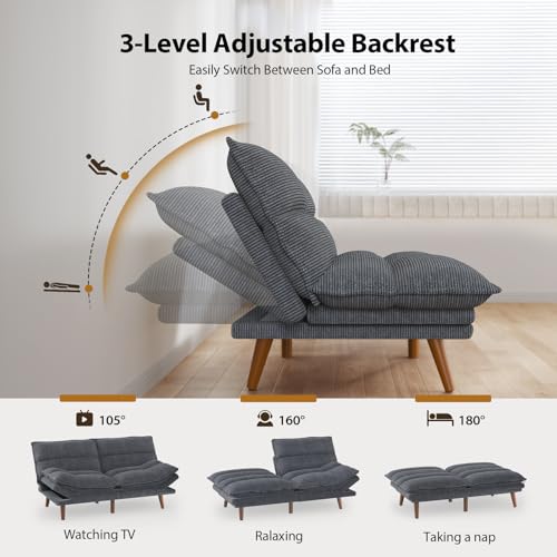 Image of Amada 66 inch Convertible Futon Sofa Bed, Corduroy Loveseat Sleeper Couch with Adjustable Backrest & Armrests, Memory Foam Folding Recliner for Living Room, Apartment, Office, Asphalt Grey