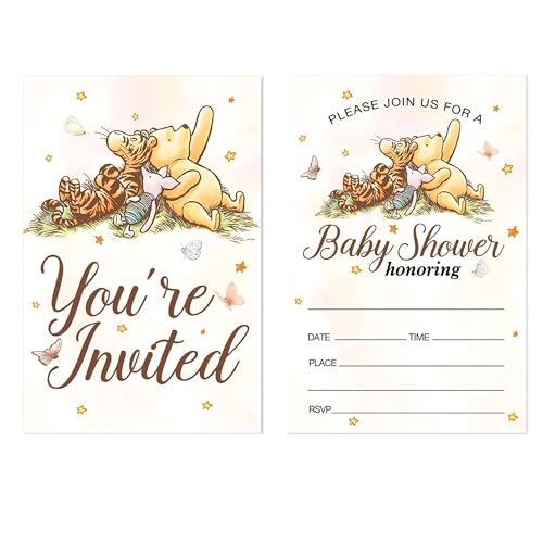 MUNIMJI 20 Count Winnie Baby Shower Invitations with Envelopes – Charming Classic Pooh Design, Pink & Gold Accents