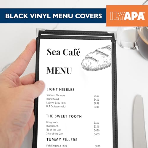 Image of Ilyapa 30 Pack of Menu Covers 4.25 x 11 - Single Page, 2 View, Restaurant Menu Covers, 4.25x11 Clear Plastic Sleeves, Transparent Viewing Surfaces
