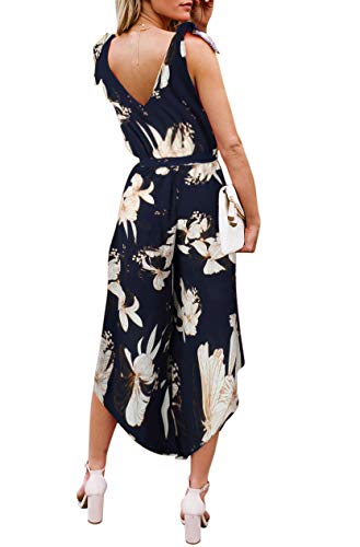 Belongsci Women Sleeveless Jumpsuit With Belt V-Neck Wide Leg Long (Navy Multi, M) #TOP1
