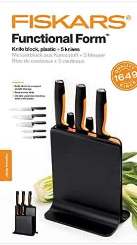 Fiskars Blok 5 noży, Functional Form, w tym nóż do warzyw, nóż do pomidorów, nóż szefa kuchni Santoku, nóż szefa kuchni i nóż do chleba, Tworzywo sztuczne, Czarny, 1057554