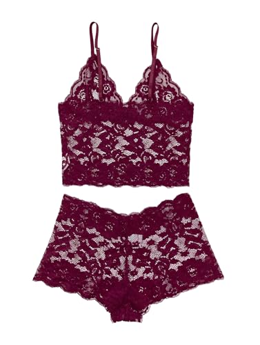 Image of Lilosy Sexy Sheer Floral Lace Pajamas Lingerie Set High Waist Sleepwear Bra and Panty 2 Piece Nightwear