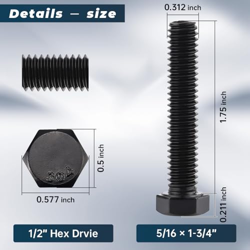 Image of Glvaner 5 /16-18 x 1-3 /4 inch Stainless Steel Hex Head Screws Bolts, Black Coated, 304 Stainless Steel 18-8, Hexagon Head Bolts, Full Thread, 10 pcs
