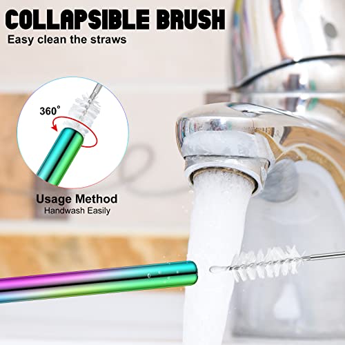 8 Pcs Collapsible Portable Reusable Straws Stainless Steel Straw Travel Straw Reusable Drinking Straws, Silicone Straw Tip, Cleaning Brushes And Keychain (Rainbow Color, Classic Style) #TOP3