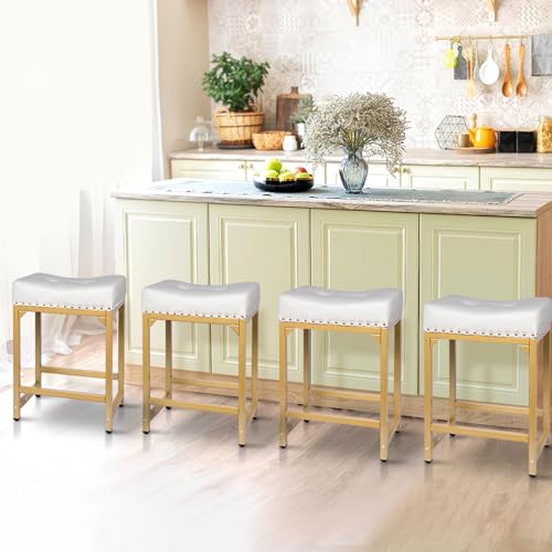 White & Gold Counter Height Bar Stools Set of 3, 24" Bar Stools for Kitchen Island, Modern Counter Stool Set of 3 Backless Saddle Barstools for Kitchen Dining Room White Gold by FLYZC - Image 4